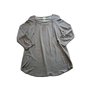 Womens Large Top 3/4 Sleeve Heathered Gray Lace Up Neckline Sunday Tunic Length